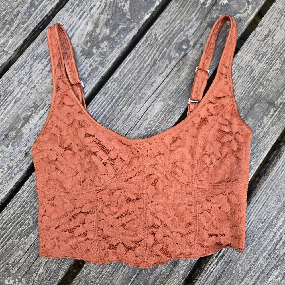 Free People Cropped Lace Top in a Burnt Orange Rust Color